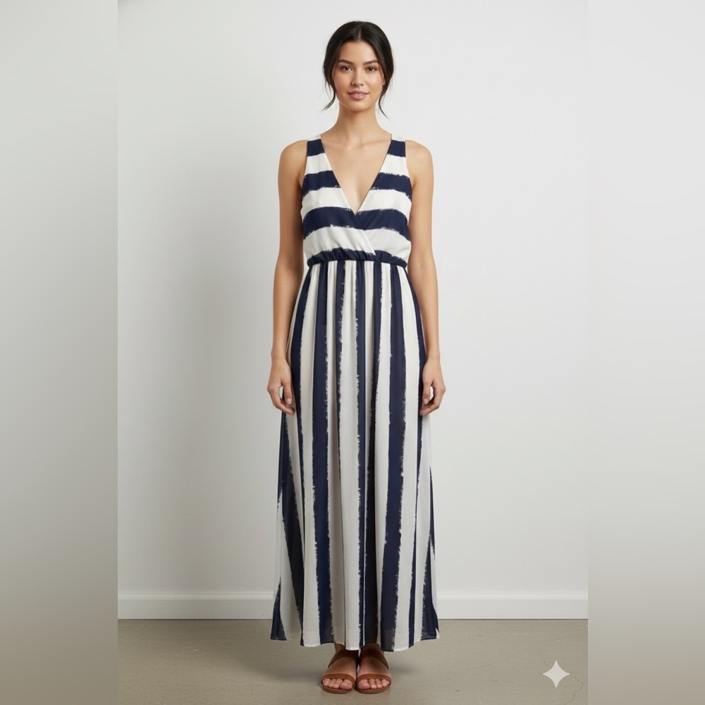 Charming Charlie Navy Blue and White Striped Maxi Dress - Size Small